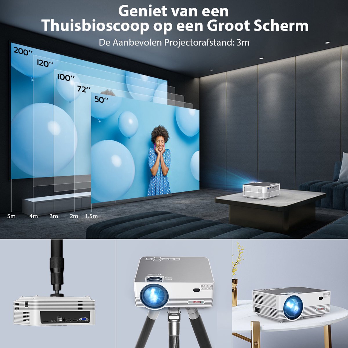 UpLiving LCD Mini Beamer Full HD met Projectiescherm en Beugel