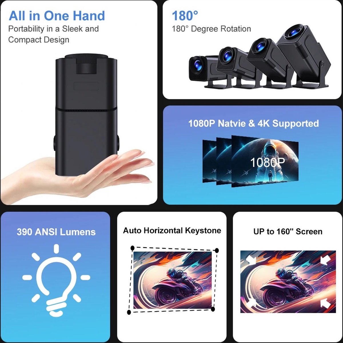 Whoopr Mini Projector 4K Ultra HD Zwart
