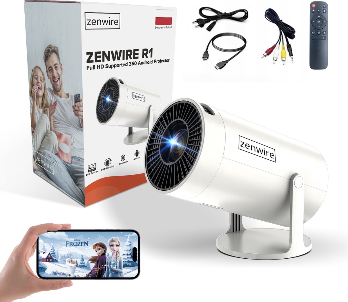 Zenwire R1 Mini Projector 360 HD Full HD Android 12 WiFi Bluetooth