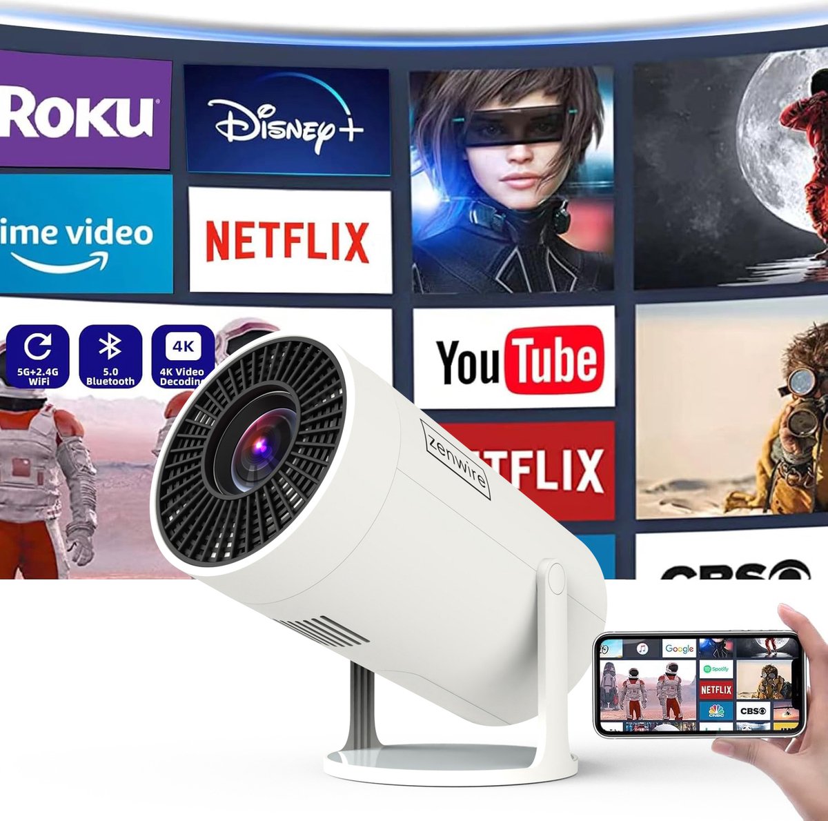 Zenwire R1 Mini Projector 360 HD Full HD Android 12 WiFi Bluetooth