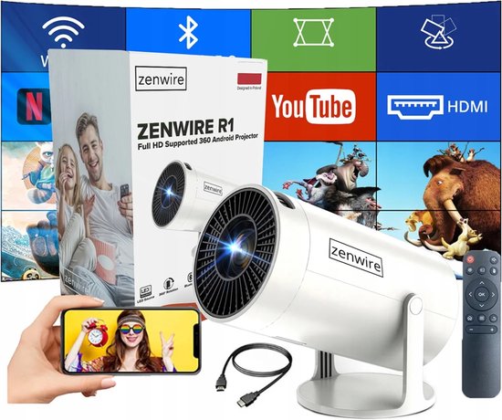 Zenwire R1 Mini Projector 360 HD Full HD Android 12 WiFi Bluetooth