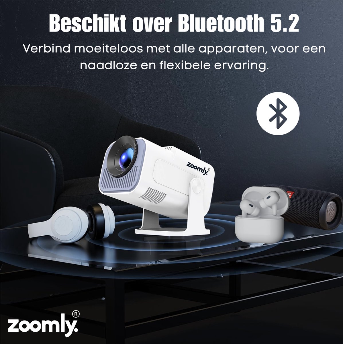 Zoomly Pro MAX Mini Beamer Full HD 1080p Wit