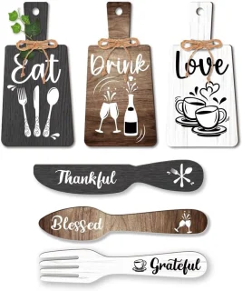 6pcs Keuken Wanddecoratie Start Drink Bord Set - Houten Hanger Accessoires - Mini Houten Plaquette Vork en Lepel Vorm Decoraties - Rustieke Stijl - Thuisdecoratie - Zwart Bruin Wit 11x5.5"/11.8x2"