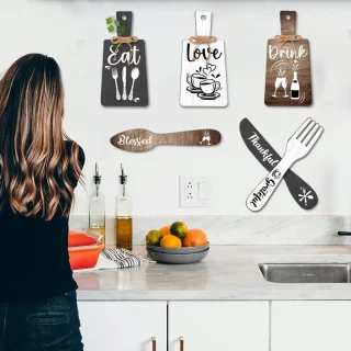 6pcs Keuken Wanddecoratie Start Drink Bord Set - Houten Hanger Accessoires - Mini Houten Plaquette Vork en Lepel Vorm Decoraties - Rustieke Stijl - Thuisdecoratie - Zwart Bruin Wit 11x5.5"/11.8x2"
