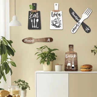 6pcs Keuken Wanddecoratie Start Drink Bord Set - Houten Hanger Accessoires - Mini Houten Plaquette Vork en Lepel Vorm Decoraties - Rustieke Stijl - Thuisdecoratie - Zwart Bruin Wit 11x5.5"/11.8x2"