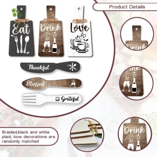 6pcs Keuken Wanddecoratie Start Drink Bord Set - Houten Hanger Accessoires - Mini Houten Plaquette Vork en Lepel Vorm Decoraties - Rustieke Stijl - Thuisdecoratie - Zwart Bruin Wit 11x5.5"/11.8x2"