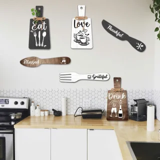 6pcs Keuken Wanddecoratie Start Drink Bord Set - Houten Hanger Accessoires - Mini Houten Plaquette Vork en Lepel Vorm Decoraties - Rustieke Stijl - Thuisdecoratie - Zwart Bruin Wit 11x5.5"/11.8x2"