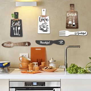 6pcs Keuken Wanddecoratie Start Drink Bord Set - Houten Hanger Accessoires - Mini Houten Plaquette Vork en Lepel Vorm Decoraties - Rustieke Stijl - Thuisdecoratie - Zwart Bruin Wit 11x5.5"/11.8x2"