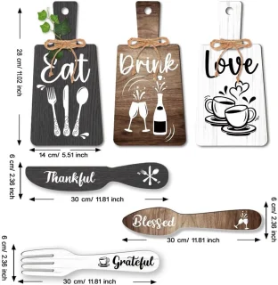 6pcs Keuken Wanddecoratie Start Drink Bord Set - Houten Hanger Accessoires - Mini Houten Plaquette Vork en Lepel Vorm Decoraties - Rustieke Stijl - Thuisdecoratie - Zwart Bruin Wit 11x5.5"/11.8x2"