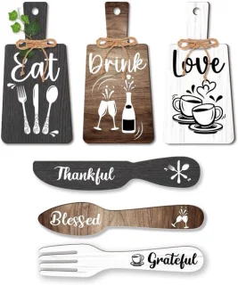6pcs Keuken Wanddecoratie Start Drink Bord Set - Houten Hanger Accessoires - Mini Houten Plaquette Vork en Lepel Vorm Decoraties - Rustieke Stijl - Thuisdecoratie - Zwart Bruin Wit 11x5.5"/11.8x2"