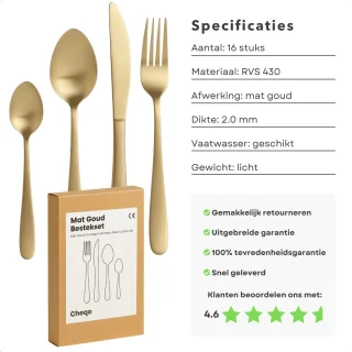 Cheqo® 16-Delige Bestekset - Mat Goud - Roestvrij Staal - Vaatwasserbestendig - Handwas Aanbevolen - Bestekset Voor 4 Personen - Lepels, Messen, Vorken - Tafelbestek - Stijlvolle Afwerking - Hoogwaardige Kwaliteit - Elegant Design