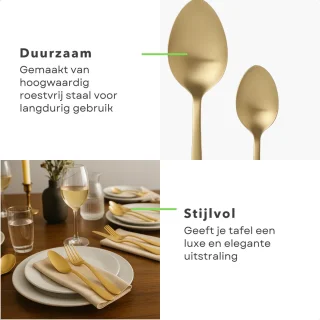 Cheqo® 16-Delige Bestekset - Mat Goud - Roestvrij Staal - Vaatwasserbestendig - Handwas Aanbevolen - Bestekset Voor 4 Personen - Lepels, Messen, Vorken - Tafelbestek - Stijlvolle Afwerking - Hoogwaardige Kwaliteit - Elegant Design