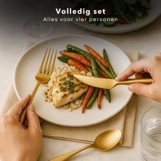 Cheqo® 16-Delige Bestekset - Mat Goud - Roestvrij Staal - Vaatwasserbestendig - Handwas Aanbevolen - Bestekset Voor 4 Personen - Lepels, Messen, Vorken - Tafelbestek - Stijlvolle Afwerking - Hoogwaardige Kwaliteit - Elegant Design