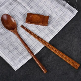 Houten Eetstokjes Lepel Set - Servies Rest en Box Combinatie - 4 stuks - Voor Thuis, Keuken en Restaurant - Duurzaam en Traditioneel - Houten Keukengerei