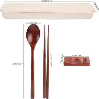 Houten Eetstokjes Lepel Set - Servies Rest en Box Combinatie - 4 stuks - Voor Thuis, Keuken en Restaurant - Duurzaam en Traditioneel - Houten Keukengerei