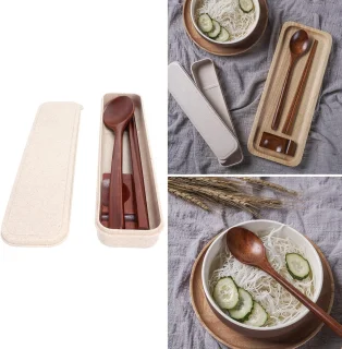 Houten Eetstokjes Lepel Set - Servies Rest en Box Combinatie - 4 stuks - Voor Thuis, Keuken en Restaurant - Duurzaam en Traditioneel - Houten Keukengerei