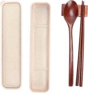 Houten Eetstokjes Lepel Set - Servies Rest en Box Combinatie - 4 stuks - Voor Thuis, Keuken en Restaurant - Duurzaam en Traditioneel - Houten Keukengerei