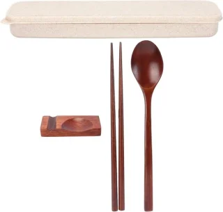 Houten Eetstokjes Lepel Set - Servies Rest en Box Combinatie - 4 stuks - Voor Thuis, Keuken en Restaurant - Duurzaam en Traditioneel - Houten Keukengerei