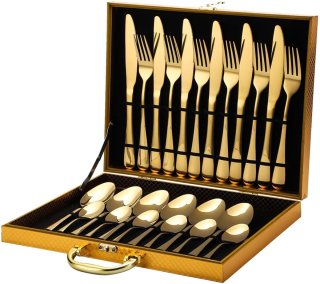 De TTLUOKER®Premium 24-Delige Bestekset in Matgoud - Luxe Geschenkbox met RVS Bestek | Inclusief 6 Dinerlepels, Dessertvorken & Theelepels | Vaatwasserbestendig & Krasvrij in één oogopslag