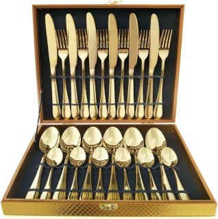 TTLUOKER®Premium 24-Delige Bestekset in Matgoud - Luxe Geschenkbox met RVS Bestek | Inclusief 6 Dinerlepels, Dessertvorken & Theelepels | Vaatwasserbestendig & Krasvrij