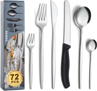 72-delige zilveren bestekset voor 12 personen incl. steakmessen en lepels - vaatwasmachinebestendig - thuis catering voedselveilig - 60P+12P