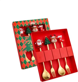 Vorken en lepels set voor Kerstmis - Kerstbestek - Koffielepels Koffieroerder Dessertlepel Fruitvork - 4 stuks Kerstdinervorkenset RVS set met geschenkdoos voor feestelijke gelegenheden