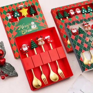 Vorken en lepels set voor Kerstmis - Kerstbestek - Koffielepels Koffieroerder Dessertlepel Fruitvork - 4 stuks Kerstdinervorkenset RVS set met geschenkdoos voor feestelijke gelegenheden