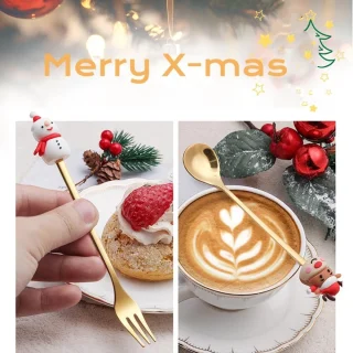 Vorken en lepels set voor Kerstmis - Kerstbestek - Koffielepels Koffieroerder Dessertlepel Fruitvork - 4 stuks Kerstdinervorkenset RVS set met geschenkdoos voor feestelijke gelegenheden