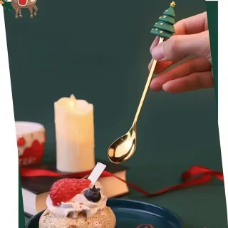 Vorken en lepels set voor Kerstmis - Kerstbestek - Koffielepels Koffieroerder Dessertlepel Fruitvork - 4 stuks Kerstdinervorkenset RVS set met geschenkdoos voor feestelijke gelegenheden