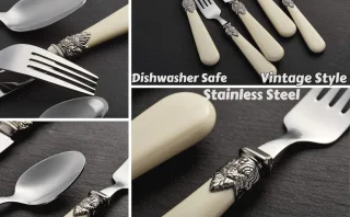 24-delige Vintage Bestekset - Elegante Roestvrij Stalen Set met Antiek Crème Handgrepen voor een Klassieke Tafelsetting