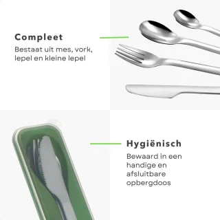 RVS Bestekset voor Onderweg - Herbruikbaar Bestek - Mes, Vork en Lepel - Compact en Duurzaam - Inclusief Meeneemdoosje - Inclusief EBOOK