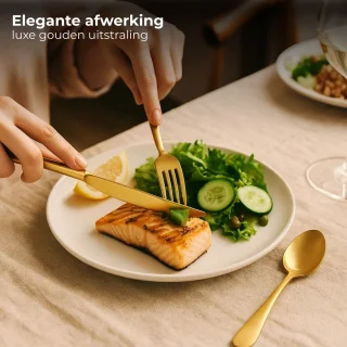 Lomera Bestekset 16-Delig - Roestvrij Staal - Goudkleurig Bestek - Pvd Coating - Vaatwasserbestendig - Handwas Aanbevolen - 4 Vorken - 4 Messen - 4 Eetlepels - 4 Theelepels - Tafelbestek - Luxe Design - Trendy Bestek - Bestek Voor 4 Personen