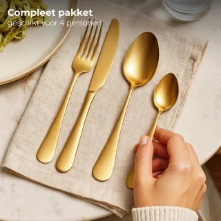 Lomera Bestekset 16-Delig - Roestvrij Staal - Goudkleurig Bestek - Pvd Coating - Vaatwasserbestendig - Handwas Aanbevolen - 4 Vorken - 4 Messen - 4 Eetlepels - 4 Theelepels - Tafelbestek - Luxe Design - Trendy Bestek - Bestek Voor 4 Personen