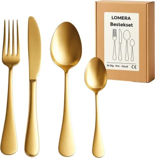 Lomera Bestekset 16-Delig - Roestvrij Staal - Goudkleurig Bestek - Pvd Coating - Vaatwasserbestendig - Handwas Aanbevolen - 4 Vorken - 4 Messen - 4 Eetlepels - 4 Theelepels - Tafelbestek - Luxe Design - Trendy Bestek - Bestek Voor 4 Personen