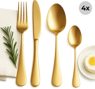 Lomera Bestekset 16-Delig - Roestvrij Staal - Goudkleurig Bestek - Pvd Coating - Vaatwasserbestendig - Handwas Aanbevolen - 4 Vorken - 4 Messen - 4 Eetlepels - 4 Theelepels - Tafelbestek - Luxe Design - Trendy Bestek - Bestek Voor 4 Personen