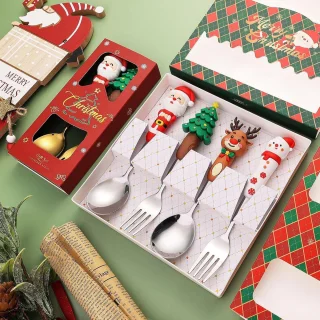 Lepel en vork - Lepel - Vork - Gebaksvork - Roestvrij staal - Kerststijl lepel en vork - Perfect voor het kerstdiner - Perfect voor dagelijks gebruik of als kerstcadeau - Zilver 4-delige bestekset
