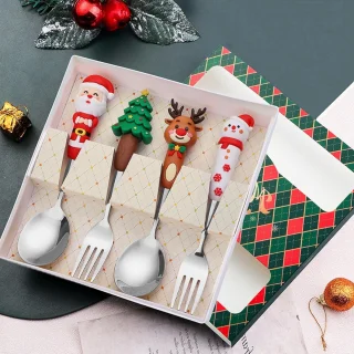 Lepel en vork - Lepel - Vork - Gebaksvork - Roestvrij staal - Kerststijl lepel en vork - Perfect voor het kerstdiner - Perfect voor dagelijks gebruik of als kerstcadeau - Zilver 4-delige bestekset