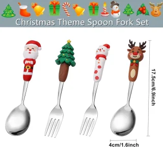 Lepel en vork - Lepel - Vork - Gebaksvork - Roestvrij staal - Kerststijl lepel en vork - Perfect voor het kerstdiner - Perfect voor dagelijks gebruik of als kerstcadeau - Zilver 4-delige bestekset