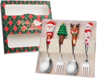Lepel en vork - Lepel - Vork - Gebaksvork - Roestvrij staal - Kerststijl lepel en vork - Perfect voor het kerstdiner - Perfect voor dagelijks gebruik of als kerstcadeau - Zilver 4-delige bestekset