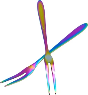 Sander Shop Slasvorken, roestvrij staal, kleine vorken, regenboog, 2-tands vork voor cocktail-voorgerecht, dessertfeest, set van 5 Regenboog