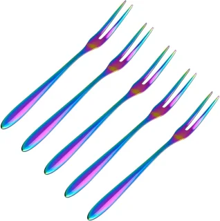 Sander Shop Slasvorken, roestvrij staal, kleine vorken, regenboog, 2-tands vork voor cocktail-voorgerecht, dessertfeest, set van 5 Regenboog
