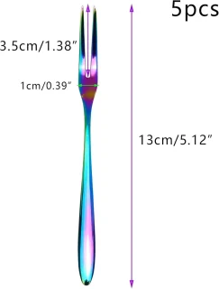 Sander Shop Slasvorken, roestvrij staal, kleine vorken, regenboog, 2-tands vork voor cocktail-voorgerecht, dessertfeest, set van 5 Regenboog