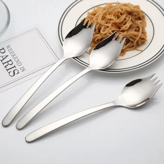 Roestvrijstalen vork-lepel verpakking van 3 stuks, 21 cm, herbruikbare metalen vork-lepel, ijslepel, saladevork, bestekset, fruitvoorgerecht, dessertvork