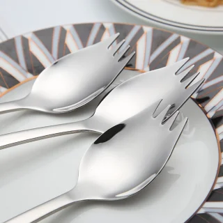Roestvrijstalen vork-lepel verpakking van 3 stuks, 21 cm, herbruikbare metalen vork-lepel, ijslepel, saladevork, bestekset, fruitvoorgerecht, dessertvork
