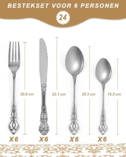 Candala - Set voor 6 personen, Prachtig 24-delig roestvrijstalen servies, Service voor 6 personen, Bestekset Vork Lepel Mes, Antieke Barokke Best