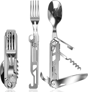 Campingbestek, 5-in-1 bestekset, draagbare roestvrijstalen lepel, vork, mes en flesopener combinatieset, verwijderbaar bestek voor buiten - reizen, backpacken