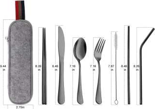 1 set - Bestek - Bestekset - Roestvrij staal - Draagbare reisset voor op de camping - Inclusief mes, vork, lepel, eetstokjes, rietje en reinigingsetui - Uitrusting voor buiten dineren - Zwart