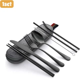 1 set - Bestek - Bestekset - Roestvrij staal - Draagbare reisset voor op de camping - Inclusief mes, vork, lepel, eetstokjes, rietje en reinigingsetui - Uitrusting voor buiten dineren - Zwart