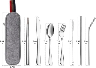 1 set - Bestek - Bestekset - Roestvrij staal - Draagbare reisset voor op de camping - Inclusief mes, vork, lepel, eetstokjes, rietje en reinigingsetui - Uitrusting voor buiten dineren - Natuurlijke afwerking