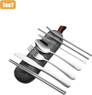 1 set - Bestek - Bestekset - Roestvrij staal - Draagbare reisset voor op de camping - Inclusief mes, vork, lepel, eetstokjes, rietje en reinigingsetui - Uitrusting voor buiten dineren - Natuurlijke afwerking